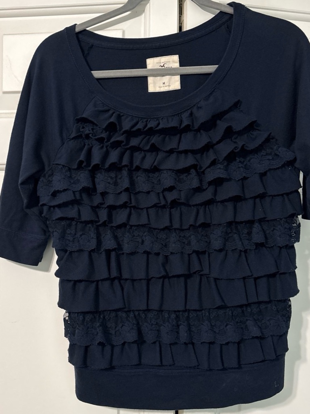 Hollister Women’s Navy Ruffle Lace Short Sleeve Top